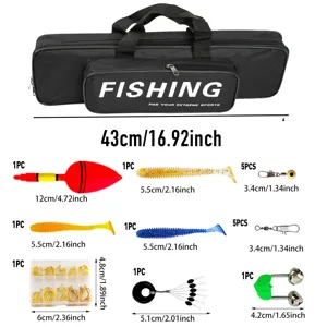 Detailed view of fishing gear set with black storage bag and various soft lures, hooks, and sinkers.