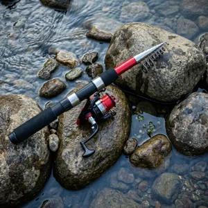 Caña de pescar telescópica con carrete, detalle sobre rocas de río en entorno natural.