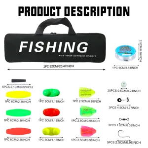 Complete fishing tackle set with various sizes of rods, lines, floats, hooks, and carry bag.