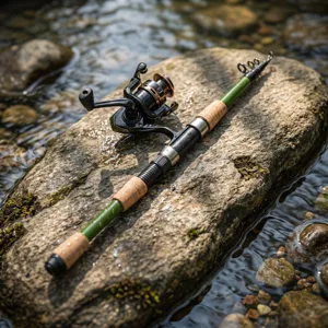 Telescopic fiberglass fishing rod and reel set, outdoor stream view, portable travel gear.