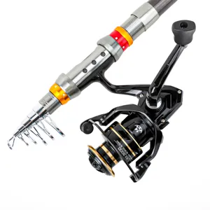 Detailed view of the telescopic fishing rod and spinning reel set showing fine craftsmanship.