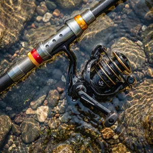 Detailed close-up of a carbon spinning fishing rod and reel in clear water over river rocks.