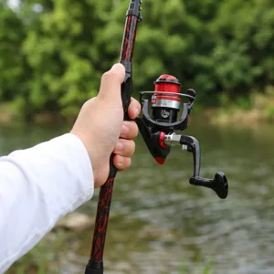 Detailed view of telescopic fishing rod with reel, ideal for outdoor fishing gear.