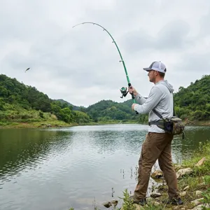 Outdoor fishing scene showing a portable green telescopic lure rod in action by the lake.