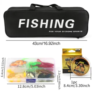 Vista detallada del juego de pesca con bolsa de almacenamiento, caja de señuelos.