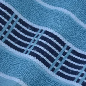 Detailed view of soft cotton bath towel featuring classic blue and dark blue woven striped design.