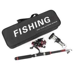 Detailed view of telescopic fishing rod, spinning reel and gripper set components.