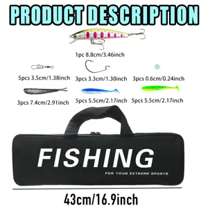 Set de equipo de pesca profesional con bolsa, varios cebos artificiales y anzuelos para pescar.