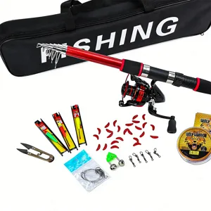 Komplettes rotes Teleskop-Angelruten-Set mit Rolle, Tasche und Zubehör für Angler.