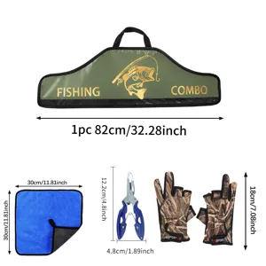 Vishengel combo set met tas, handdoek, tang en handschoenen, met maatdetails voor buiten vissen.