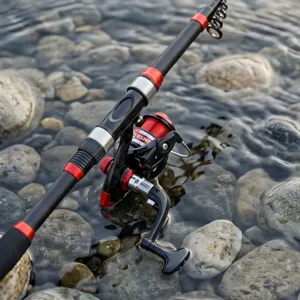 Caña de pescar negra y roja de 1.8M con juego de carrete para pesca al aire libre.