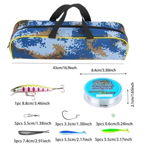 Set de aparejos de pesca completo con bolsa de camuflaje azul, señuelo, línea y anzuelos.
