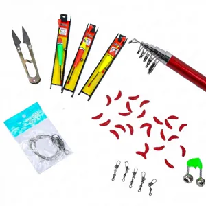 Komplettes rotes Angelset mit Teleskoprute, Posen, Ködern und Haken für den Angelsport.