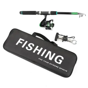 Detailed view of 1.8M telescopic fishing rod set, including spinning reel, gripper, and bag.