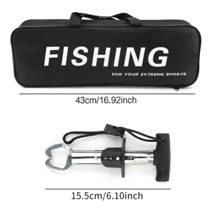 Portable fishing tackle bag and fish gripper set with clear size specs for outdoor fishing.