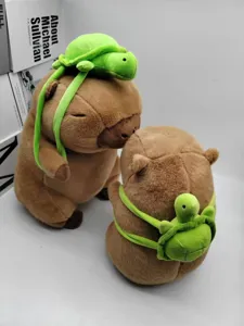 Detailansicht des niedlichen Capybara Plüschtiers mit grünem Schildkröten-Rucksack, Stoffpuppe.
