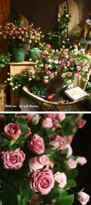 Vista di dettaglio composizione di rose artificiali di Milano vaso in ceramica decoro