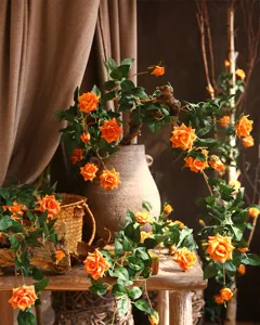 Artificial orange rose vine fake flower garland for home wall decor and party hanging plant