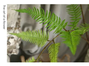 Detailed close-up of artificial fern leaf branch, green texture for floral arrangement decor.