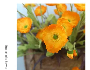 Artificial orange poppy flower bouquet, velvet pastoral home wedding decor, 4-head floral arrangement.