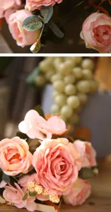 Nahaufnahme künstlicher rosa Rosen Blumenstrauß, natürliche Heimdekoration für Tisch und Zimmer.