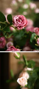 Primo piano dettaglio di bouquet di fiori di rose artificiali per decorazione casa.