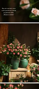 Vista dettagliata di una composizione di rose artificiali rosa in vasi di ceramica verde.