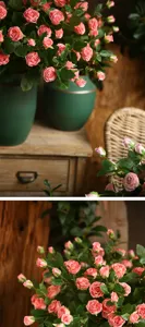 Fiori di rose artificiali in vaso di ceramica verde decorazione per la casa set.