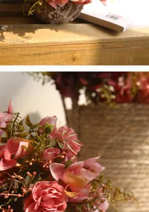 Primo piano di un bouquet artificiale vintage di rose e ortensie per decorazione nordica.