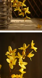 Gros plan détail de branche de fleur de forsythia artificielle, accessoire déco.