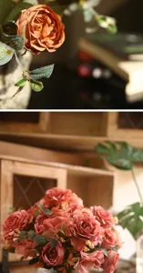 Detailansicht des künstlichen Rosenstrauchs im Vintage-Stil, ideal für Tischdeko zu Hause.