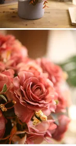 Exquisites künstliches Rosenblumenstrauß-Detail, natürlicher Stil Blumenschmuck für Tisch und Zuhause.