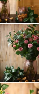 Composizione di rose artificiali con vaso in vetro per decorazione della casa e salotto