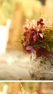 Mazzo di rose e ortensie artificiali retrò con vaso per decorazioni e foto di casa