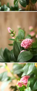 Primo piano dettagliato di fiori di rosa rosa artificiali e foglie verdi per decorazione.