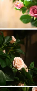 Vista dettagliata di rose artificiali rosa con foglie verdi per decorazioni floreali.