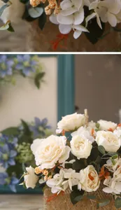 Künstlicher weißer Rosenstrauch Detailaufnahme, naturgetreue Kunstblumen für Esstisch Dekoration.