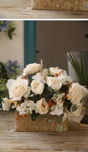 Künstliche Rosen Blumenarrangement in Korb, rustikale Tischdeko für Zuhause, Hochzeit.