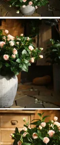 Pianta in vaso di fiori di rosa artificiale con vaso in ceramica grigia dettaglio.