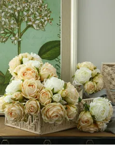 Detailed shot of retro artificial champagne roses bouquet with woven baskets, elegant home decor.