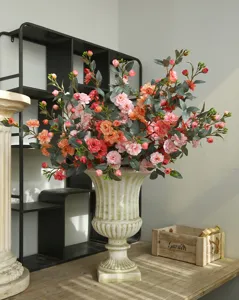 Artificial camellia flower bouquet in vintage vase home decor wedding floral arrangement