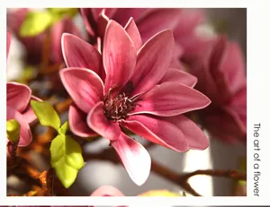 Close-up macro shot of artificial magnolia flower, realistic PU petals, fine floral details.