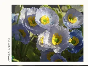 Detailed shot of artificial flocked poppy flowers, pastoral style blue floral bouquet decor.