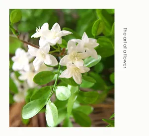 Artificial white flower detail close-up, realistic green leaves for home decor floral arrangement.