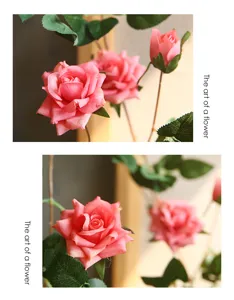 Detailed view of artificial rose flower vine, simulation pink roses with green leaves for decor.