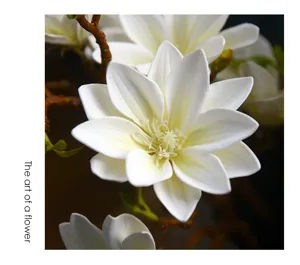 Closeup detail view of artificial PU white magnolia flower with realistic texture for home decor.