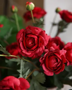 Artificial red ranunculus flower bouquet silk floral home table decor detailed close up view