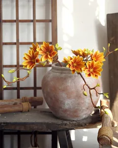 New Chinese style artificial magnolia flower arrangement, orange faux floral bouquet for home decor.