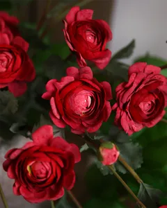 Deep red artificial ranunculus flowers bunch faux silk floral decor for home table