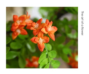 Close-up detail of artificial orange flowers with vibrant green leaves, elegant floral display.